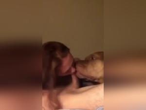 Slut and dog lick cock